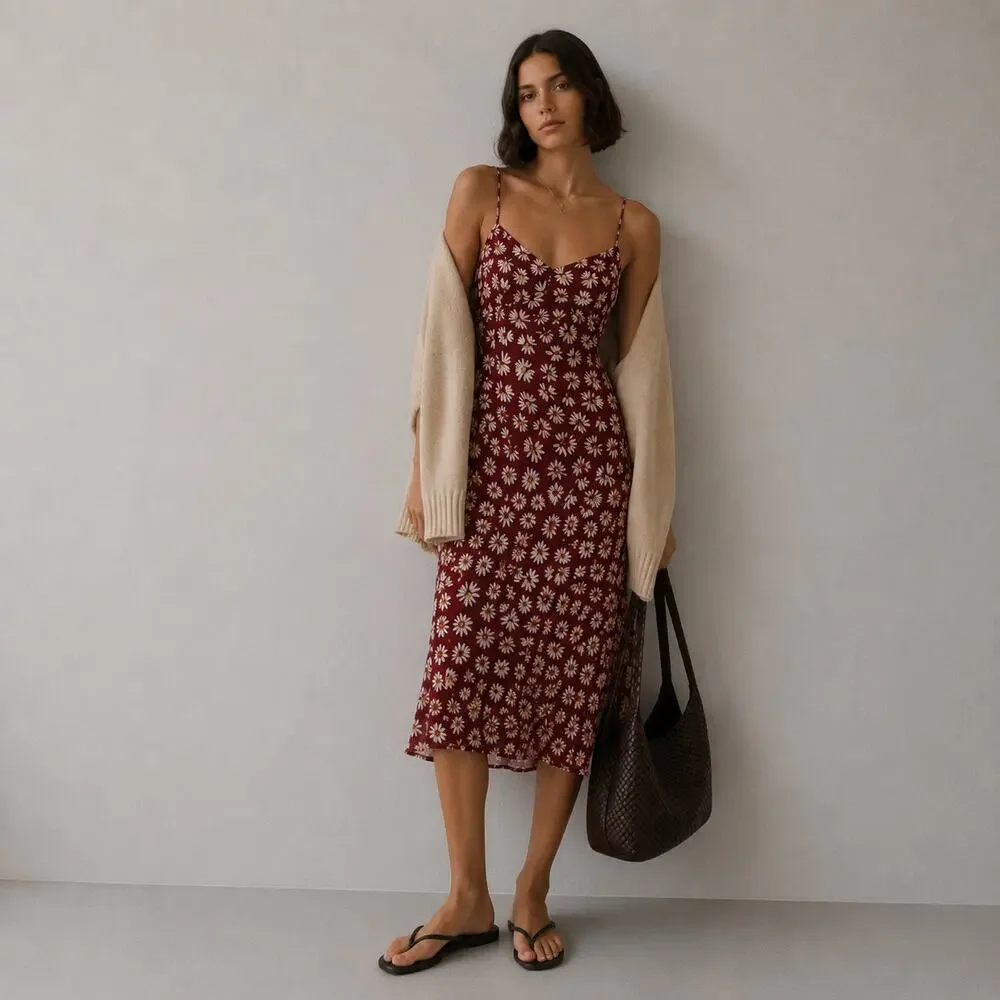 J.Crew Collection Slip Daisy Midi Dress CI660 Womens 6 Burgundy Sleeveless NWT